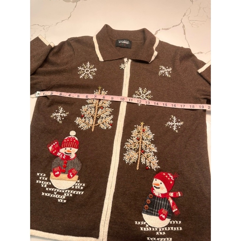Designers Originals Studio Joy Brown Snowman Christmas Tree Zip Cardigan Sweater - Picture 8 of 10